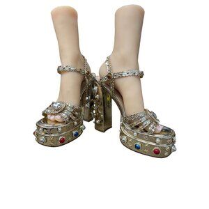Azalea Wang beaded gold gem stones bling strappy heels sz 8.5 SKU 9891